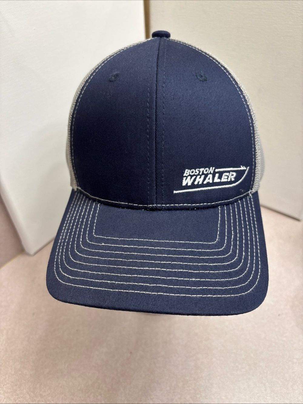 Boston Whaler Navy Blue Gray Logo Snap Back Trucker Hat Cap Boat Mesh Patch